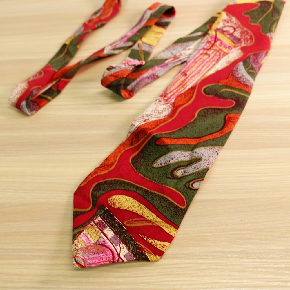 Mens Neck Tie Red Green Art Nouveau Abstract Italian Silk Retro USA Made ZENIO